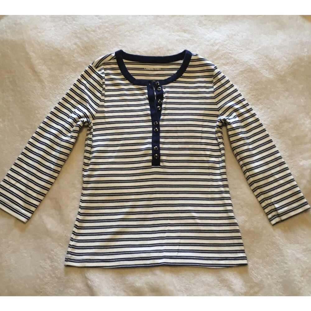 Lands End Womens Striped Henley Top Button Front Striped Size XS Navy White